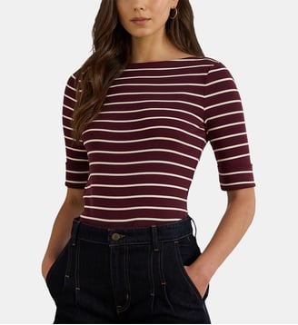 T-shirt ajusté encolure bateau en coton mélangé rayures - Lauren Ralph Lauren - Rouge et blanc