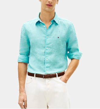 Chemise droite en lin - Tommy Hilfiger - Bleu turquoise
