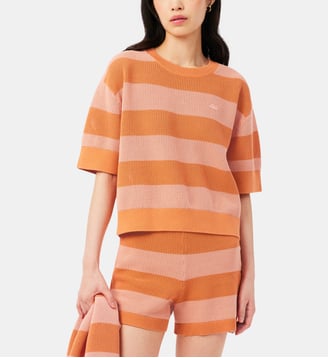 Pull droit en maille résille à rayures - Lacoste - Orange et rose