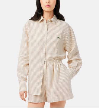 Chemise oversized lin mélangé à rayures - Lacoste - Beige et blanc