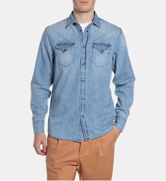 Chemise droite en coton - Replay - Bleu denim