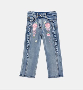 Jean droit motif fleuri détail à volants en coton mélangé - Monnalisa - Bleu brut