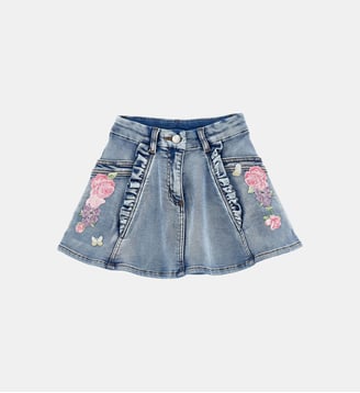 Jupe fluide en jean motf floral en coton mélangé - Monnalisa - Bleu brut