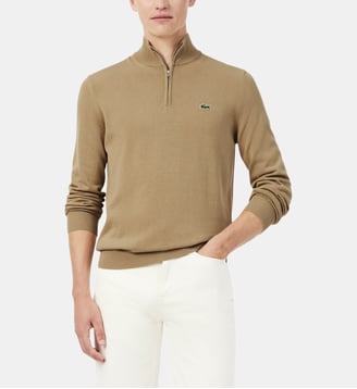 Pull zippé coton uni col montant - Lacoste - Camel