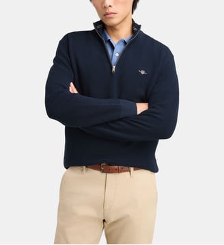 Pull camionneur droit signature en maille de coton bio - Gant - Bleu marine