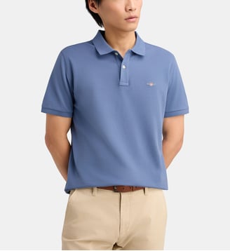 Polo droit signature en coton piqué stretch - Gant - Bleu horizon