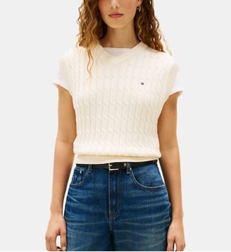 Pull droit sans manches signature - Tommy Hilfiger - Écru