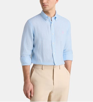 Chemise droite rayée signature en lin - Polo Ralph Lauren - Bleu clair et blanc