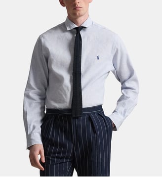 chemise droite à fine rayures en lin mélangé signature - Polo Ralph Lauren - Bleu et blanc