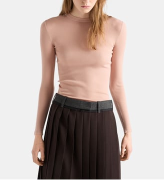 Pull ajustée à col rond en laine - Prada - Rose
