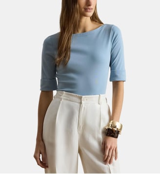 Haut ajusté en coton mélangé col bateau - Lauren Ralph Lauren - Bleu clair