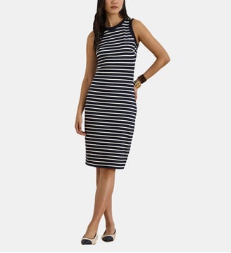 Robe mi-longue ajustée à rayures col rond - Lauren Ralph Lauren - Bleu foncé et blanc