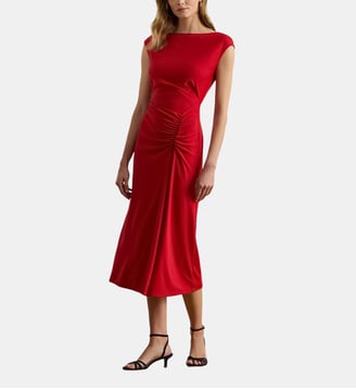 Robe mi-longue ajustée manches courte col bateau - Lauren Ralph Lauren - Rouge