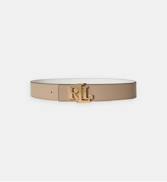 Ceinture réversible large à logo en cuir - Lauren Ralph Lauren - Blanc et beige