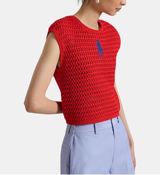 Pull ajusté en coton crocheté manches courtes signature - Polo Ralph Lauren - Rouge