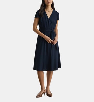 Robe ceinturée col en V croisé georgette - Lauren Ralph Lauren - Bleu foncé