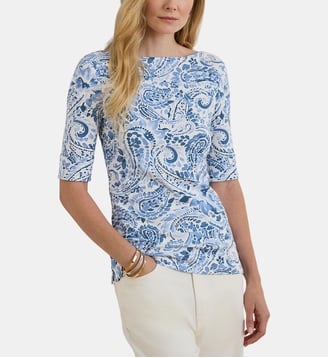 T-shirt ajusté imprimé col bateau en coton mélangé - Lauren Ralph Lauren - Blanc et bleu