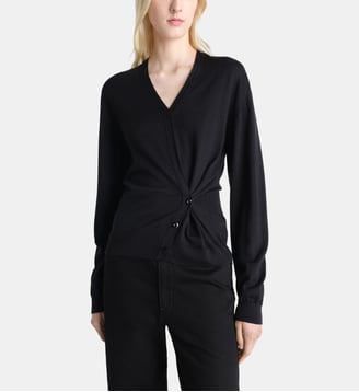 Jumper twisté col v en laine mélangée - Lemaire - Black