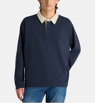 Polo de rugby droit coton col contrastant - Frame - Bleu marine foncé