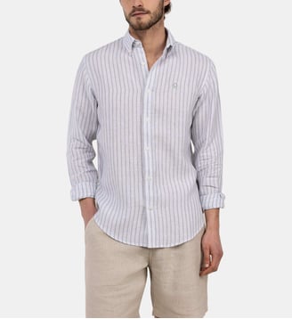 Chemise droite en lin motif rayé signature - El Ganso - Bleu clair