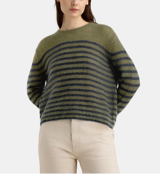 Pull droit Finistere rayé en maille de laine mélangée - Galeries Lafayette - Kaki et bleu
