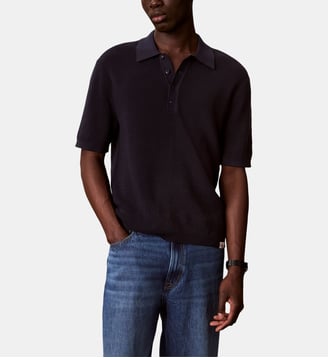 Pull polo droit maille gaufrée - Calvin Klein - Bleu marine