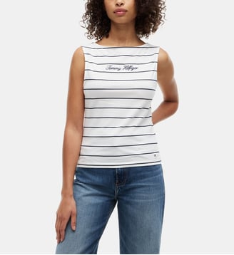 T-shirt droit sans manches signature - Tommy Hilfiger - Blanc et bleu