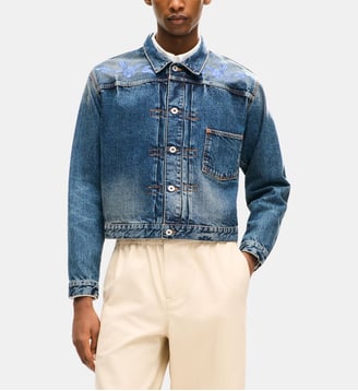 Veste courte droite denim broderie florale - Kenzo - Bleu denim