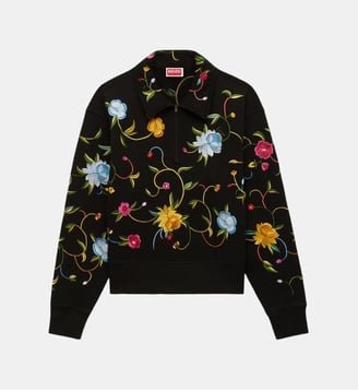 Sweat droit coton imprimé floral col zippé - Kenzo - Noir et multicolore