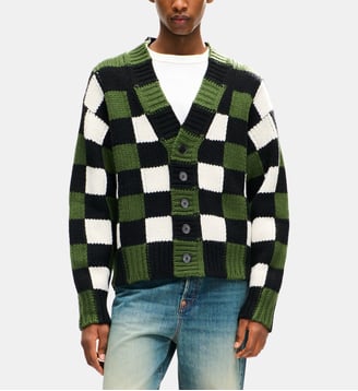 Cardigan droit en laine mélangée à carreaux - Kenzo - Kaki et noir