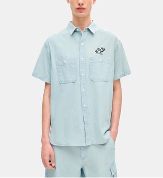 Chemisette droite coton denim signature - Kenzo - Bleu clair