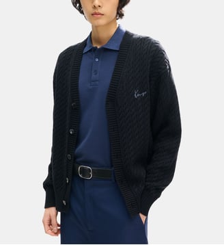 Cardigan droit en coton et laine signature - Kenzo - Black