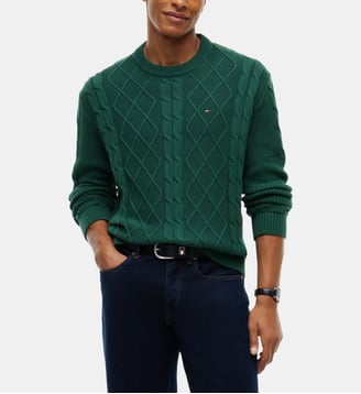 Pull droit flag maille torsades coton - Tommy Hilfiger - Vert anglais