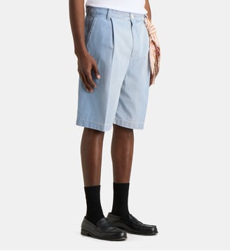 Short à pinces coton denim délavé avec foulard - Marni - Bleu jean délavé