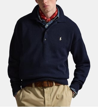 Pull polo droit à drapeau en coton signature  - Polo Ralph Lauren - Bleu marine