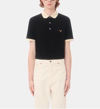 Polo en piqué de coton signature - Valentino Garavani - Noir et beige