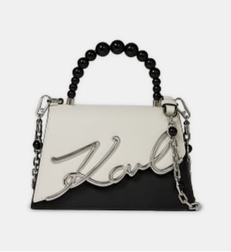 Sac pochette cuir signature à perles - Karl Lagerfeld - Blanc et noir
