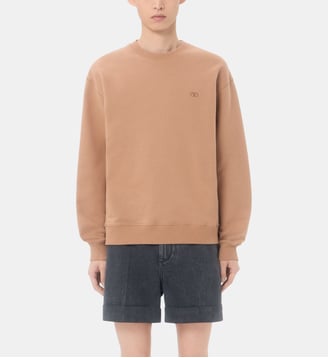 Sweatshirt droit en coton avec broderie signature - Valentino Garavani - Beige sable