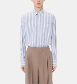 Chemise droite en popeline de coton avec rayures signature - Valentino Garavani - Bleu et blanc