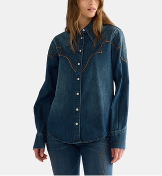 Chemise western droite coton denim - Wrangler - Bleu brut