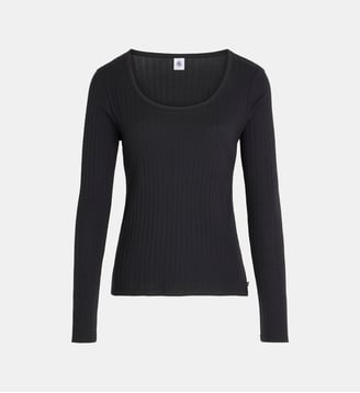 T-shirt col danseuse manches longues coton côtelé - Petit Bateau - Black