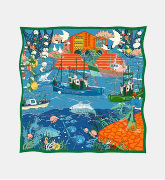 Carré de soie imprimé Port de Pêche - Soie Meme - Bleu