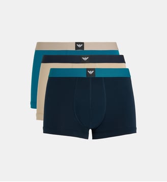 Lot de 3 boxers logo coton stretch - Emporio Armani - Bleu et beige