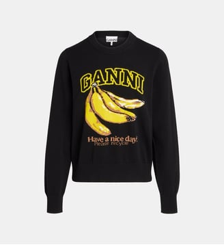 Pull droit à motif graphique signature en coton bio - Ganni - Noir et jaune