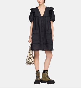Robe droite et fluide en lin manches courtes - Ganni - Gris chiné