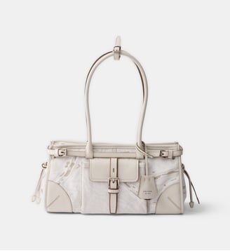 Sac à main Bonnie moyen en lin imprimé et cuir - Prada - Blanc