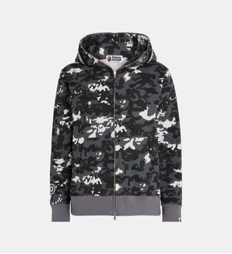 Sweat zippé à capuche camouflage pixel et requin coton molletonné  - A BATHING APE ® - Noir et gris