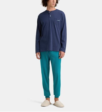 Pyjama long à col tunisien en jersey de coton - Mariner - Bleu marine