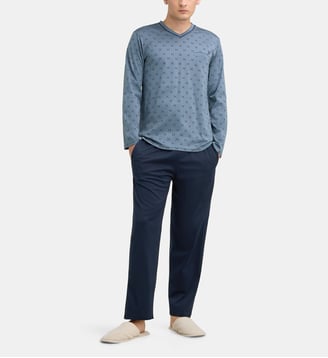 Pyjama long col V en coton mercerisé - Mariner - Gris bleu