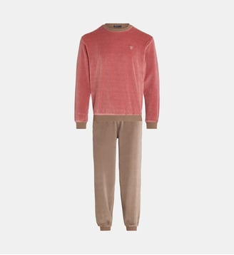 Pyjama long col rond coton velours  - Mariner - Rouge et marron clair